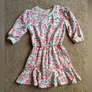Girls 4/5 Floral Sweatshirt Dress Gray and Pink, Ruffled Hem, Elastic Waist